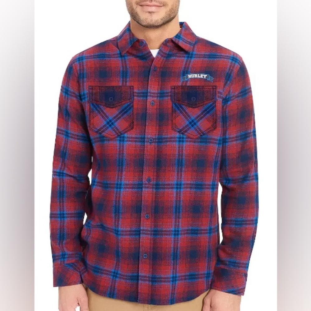 Men's Hurley Flannel Red/ Blue Plaid Button-Down Shirt
